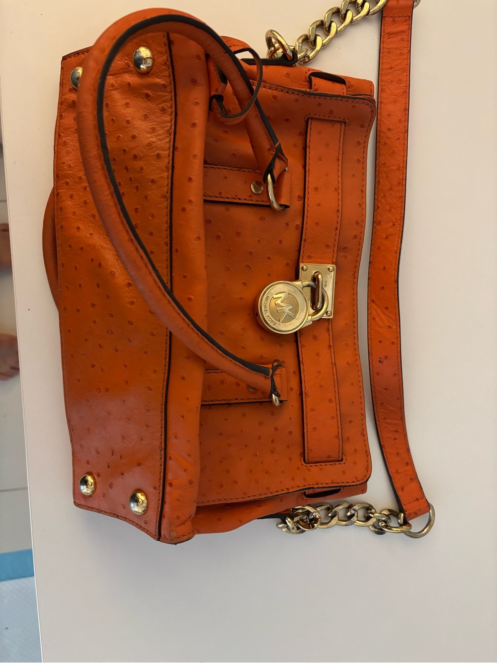 Michael Kors Orange Ostrich-Embossed Satchel with Gold Chain